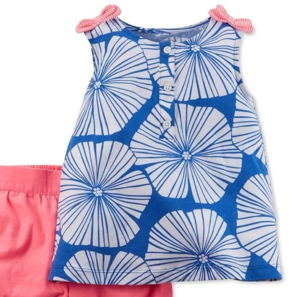 Blue and White Print Sleeveless Top with Coral Bows